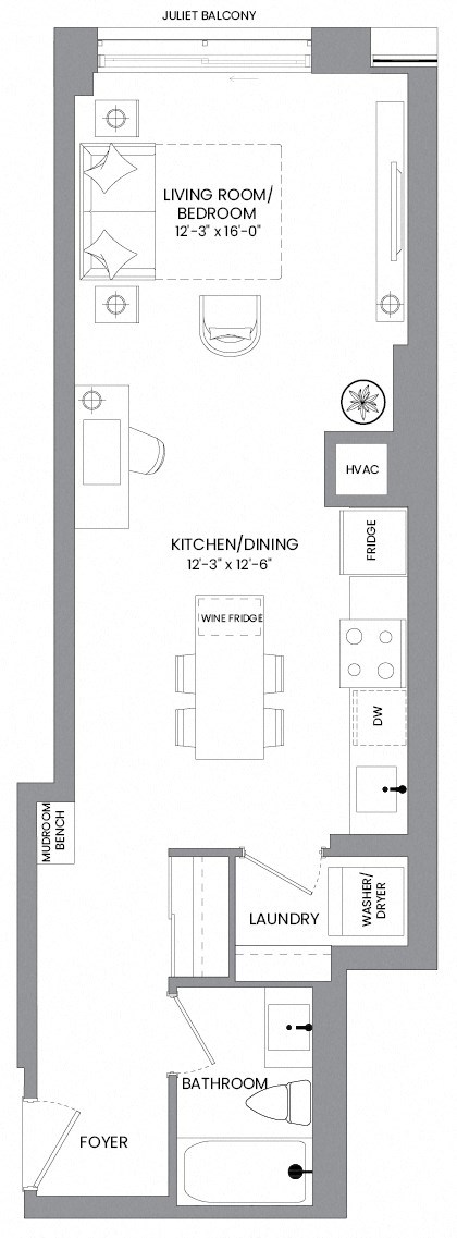 Floor plan for studio, 1 bath, 564 sqft